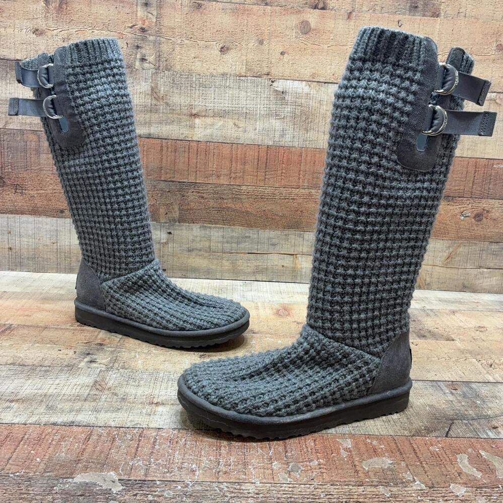 UGG 1112478 Boots Womens Size 10 41 Gray Knit Knee High Buckle Winter
